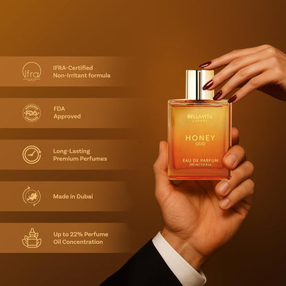 Experience Luxury with Bellavita Honey Oud Eau De Parfum (100Ml) - The Perfect Valentine’s Day Gift for Her | Unisex Fragrance with Warm Spices, Floral Notes, and Long-Lasting Appeal