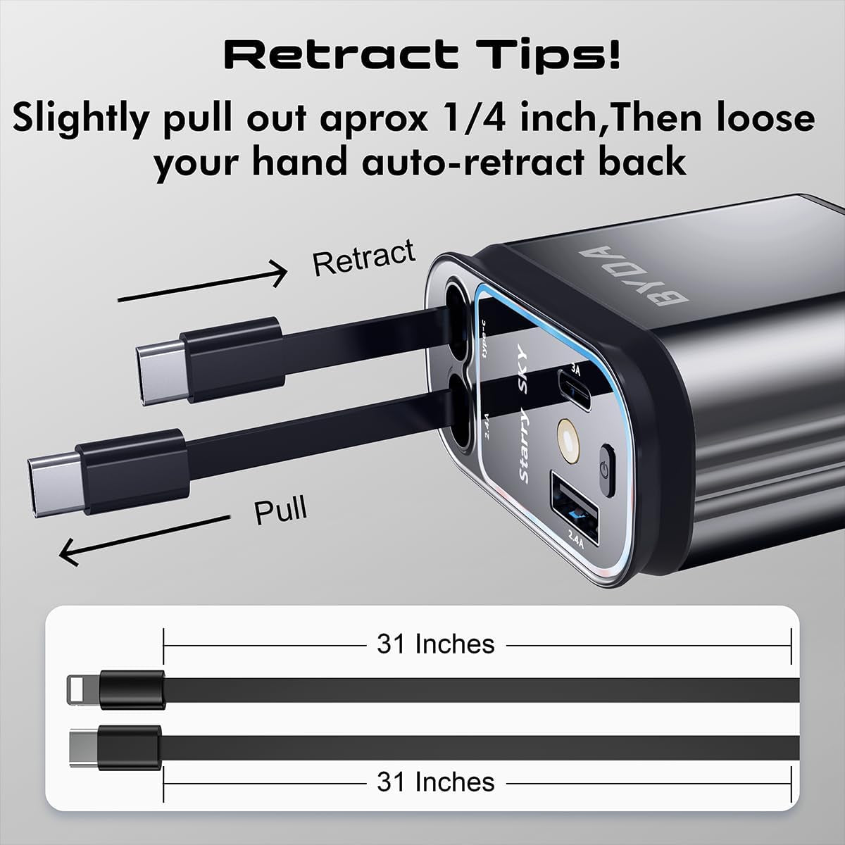 Ultimate 4-in-1 Retractable Car Charger with Starry Light - 69W Fast Charging for iPhone 17/16/15/14/13/12 and Android Devices