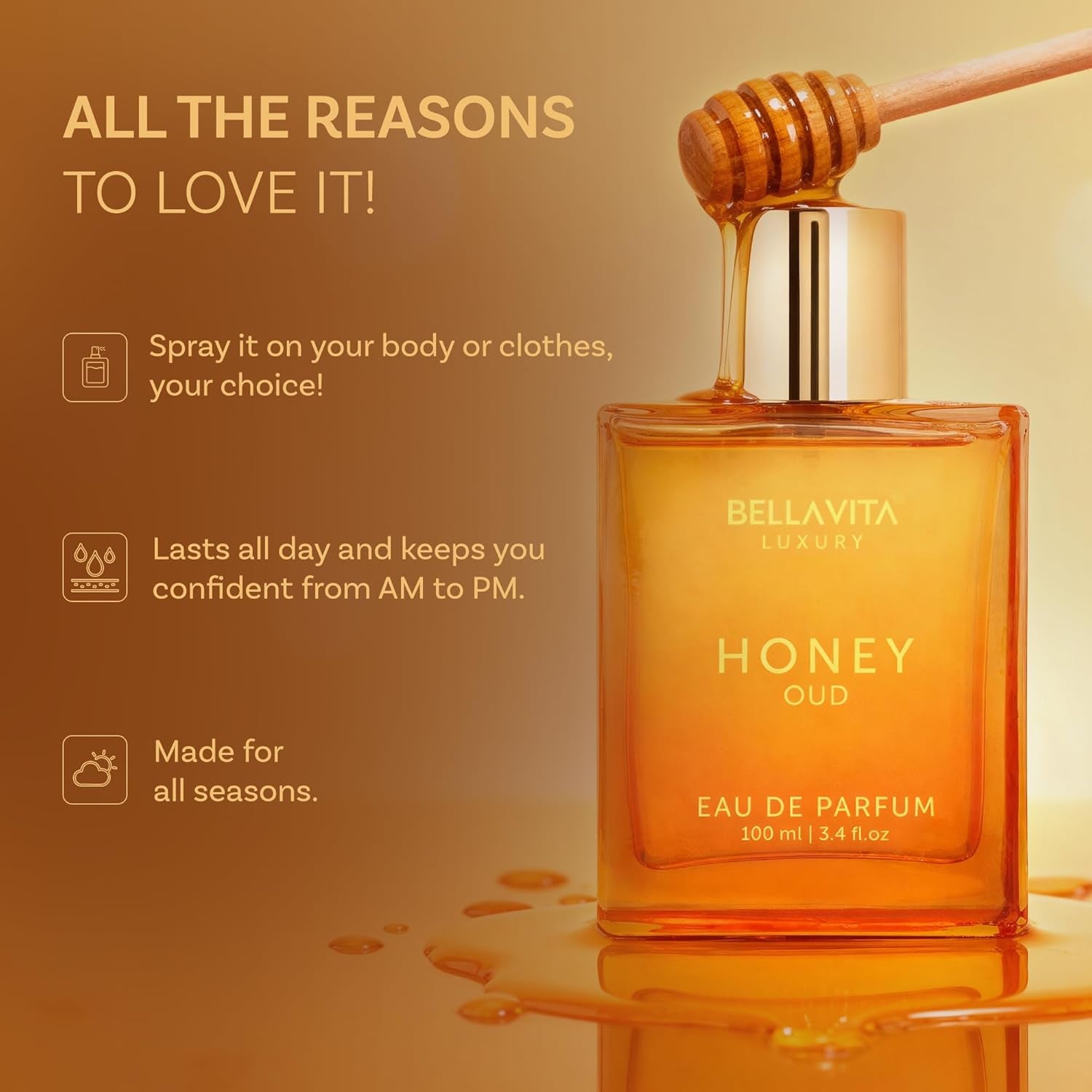 Experience Luxury with Bellavita Honey Oud Eau De Parfum (100Ml) - The Perfect Valentine’s Day Gift for Her | Unisex Fragrance with Warm Spices, Floral Notes, and Long-Lasting Appeal