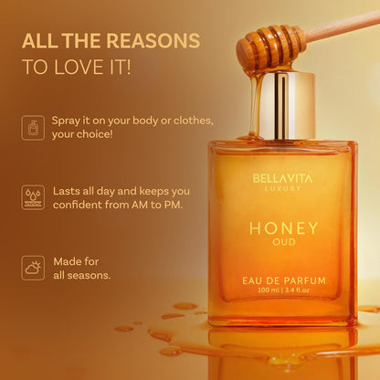 Experience Luxury with Bellavita Honey Oud Eau De Parfum (100Ml) - The Perfect Valentine’s Day Gift for Her | Unisex Fragrance with Warm Spices, Floral Notes, and Long-Lasting Appeal