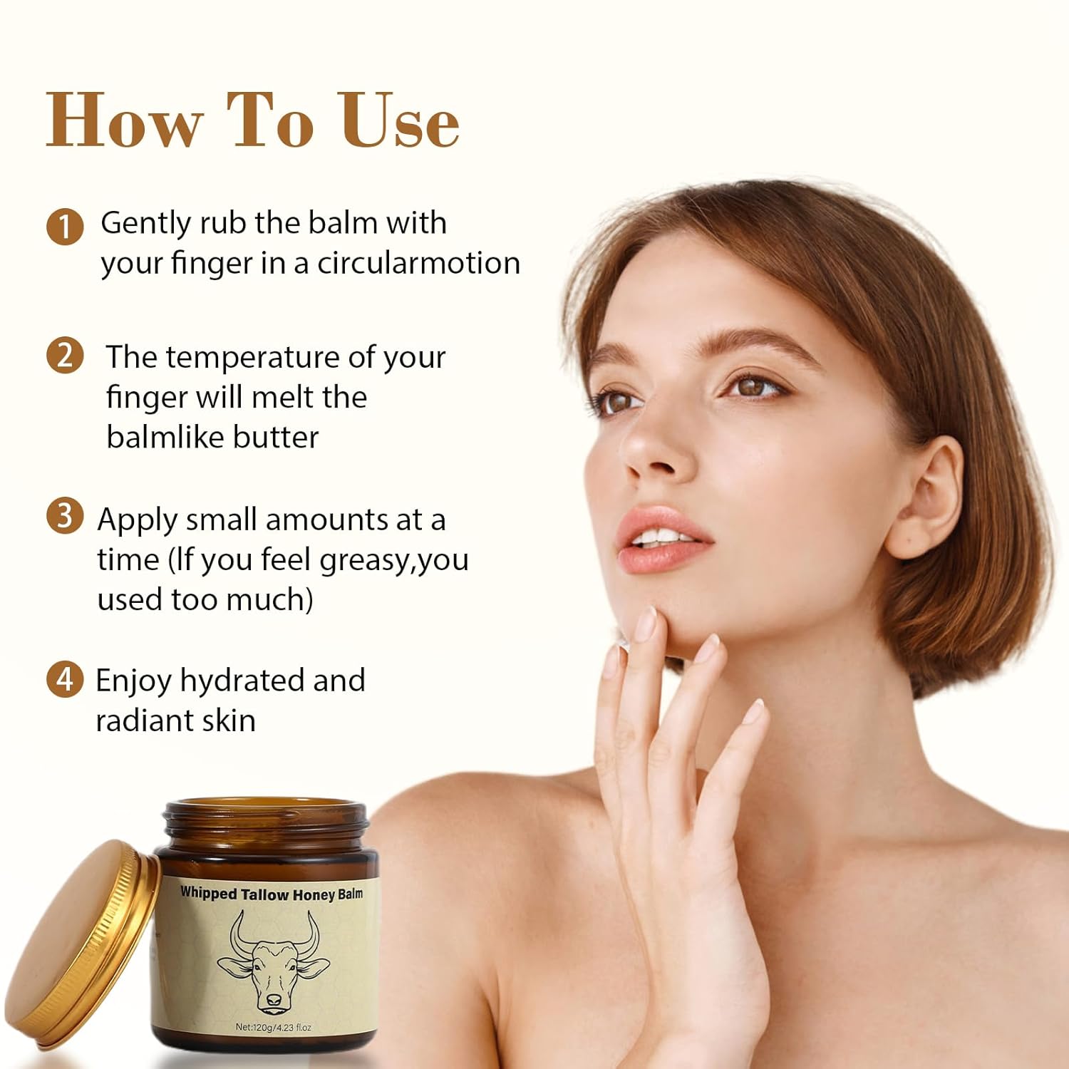 Nourish Your Skin Naturally: Organic Grass-Fed Beef Tallow Whipped Moisturizer with Honey Balm for Deep Hydration and Soothing Relief (4.23Oz, Unscented)