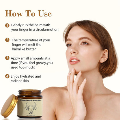 Nourish Your Skin Naturally: Organic Grass-Fed Beef Tallow Whipped Moisturizer with Honey Balm for Deep Hydration and Soothing Relief (4.23Oz, Unscented)
