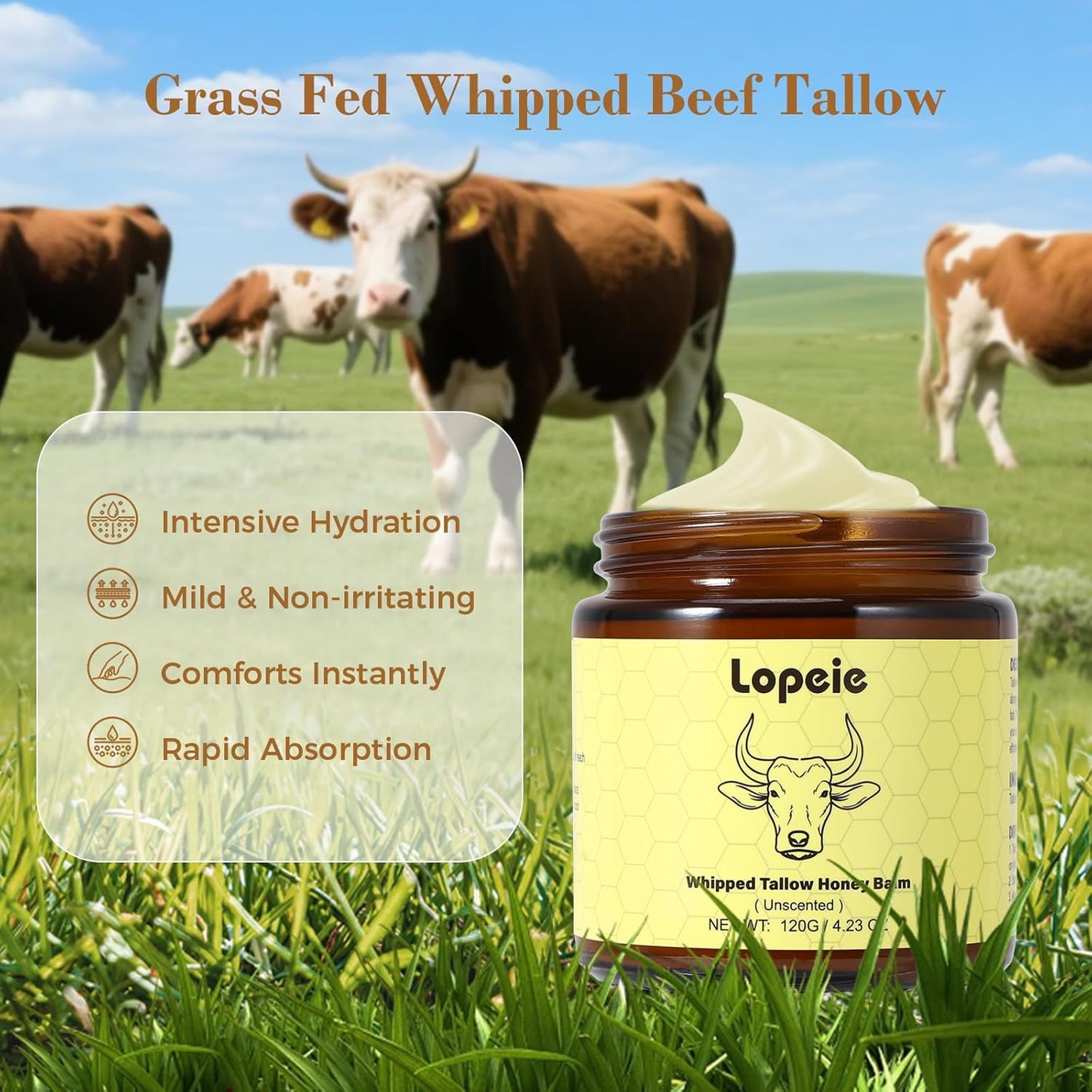 Nourish Your Skin Naturally: Organic Grass-Fed Beef Tallow Whipped Moisturizer with Honey Balm for Deep Hydration and Soothing Relief (4.23Oz, Unscented)