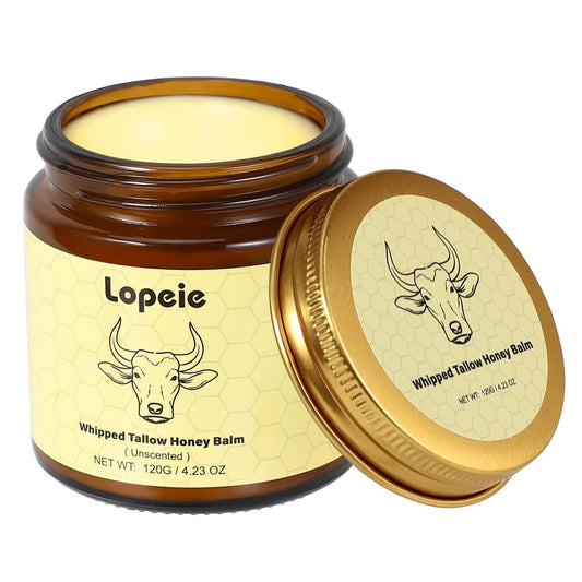 Nourish Your Skin Naturally: Organic Grass-Fed Beef Tallow Whipped Moisturizer with Honey Balm for Deep Hydration and Soothing Relief (4.23Oz, Unscented)