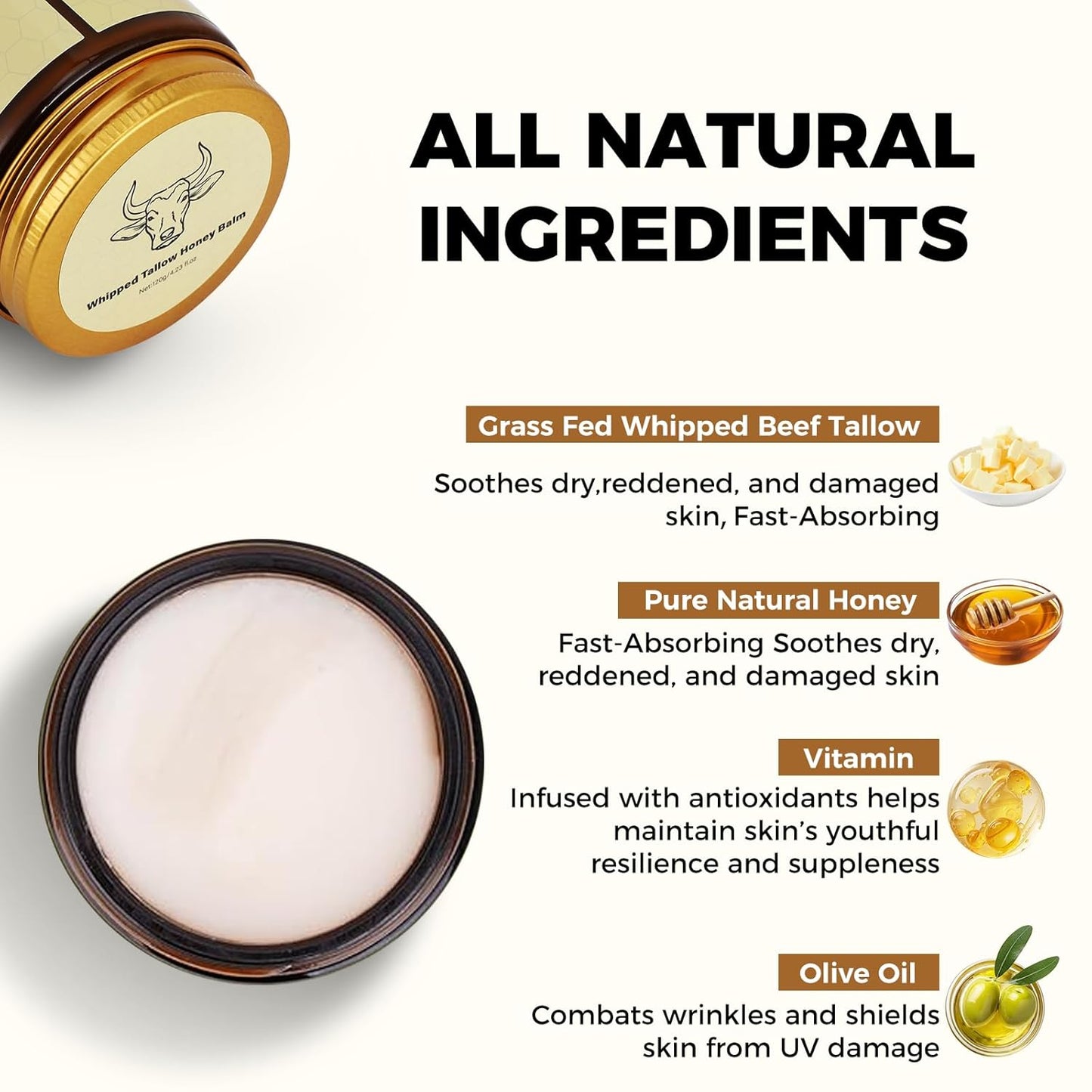 Nourish Your Skin Naturally: Organic Grass-Fed Beef Tallow Whipped Moisturizer with Honey Balm for Deep Hydration and Soothing Relief (4.23Oz, Unscented)