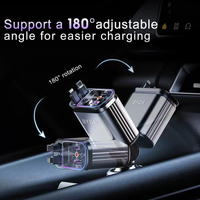 Ultimate 4-in-1 Retractable Car Charger with Starry Light - 69W Fast Charging for iPhone 17/16/15/14/13/12 and Android Devices
