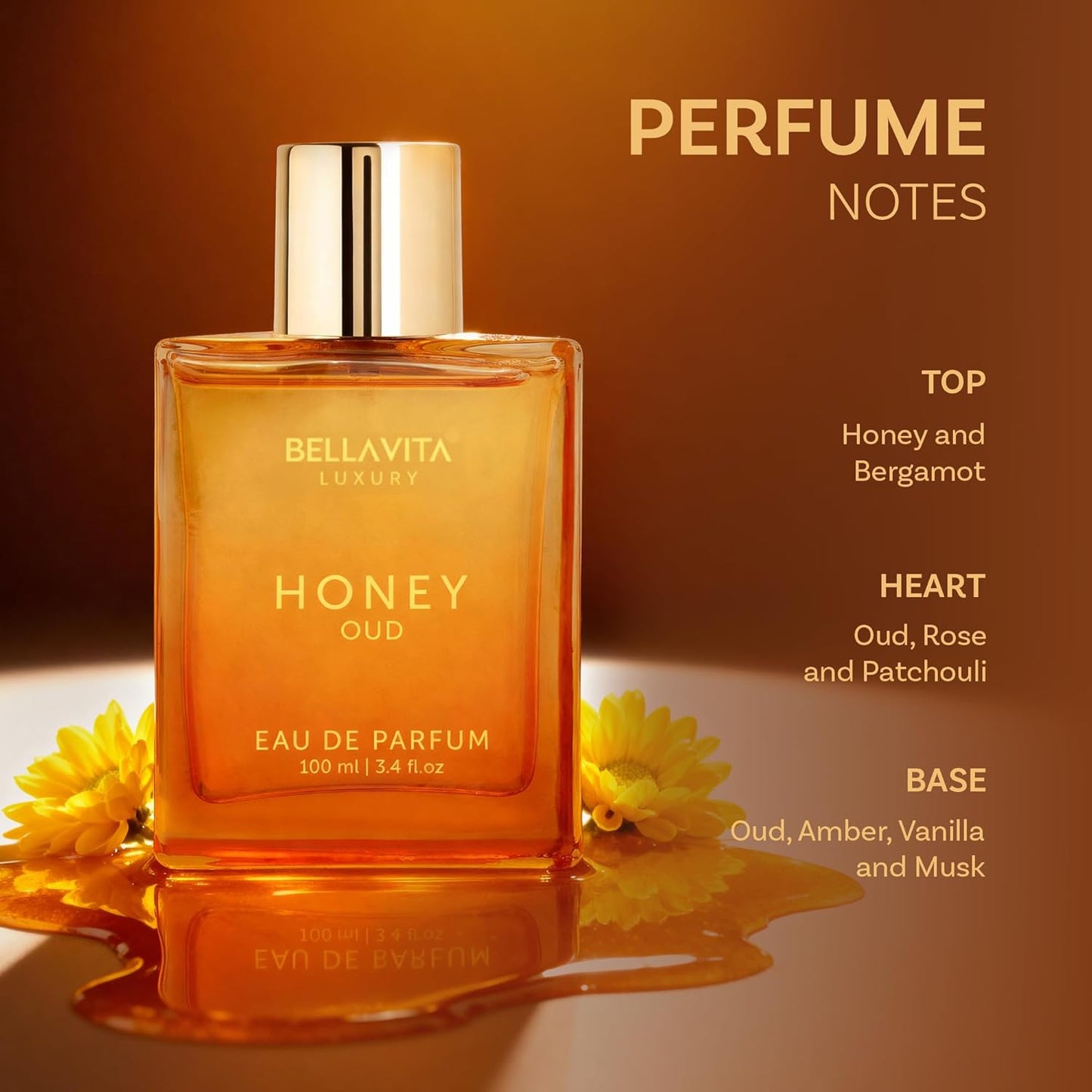 Experience Luxury with Bellavita Honey Oud Eau De Parfum (100Ml) - The Perfect Valentine’s Day Gift for Her | Unisex Fragrance with Warm Spices, Floral Notes, and Long-Lasting Appeal