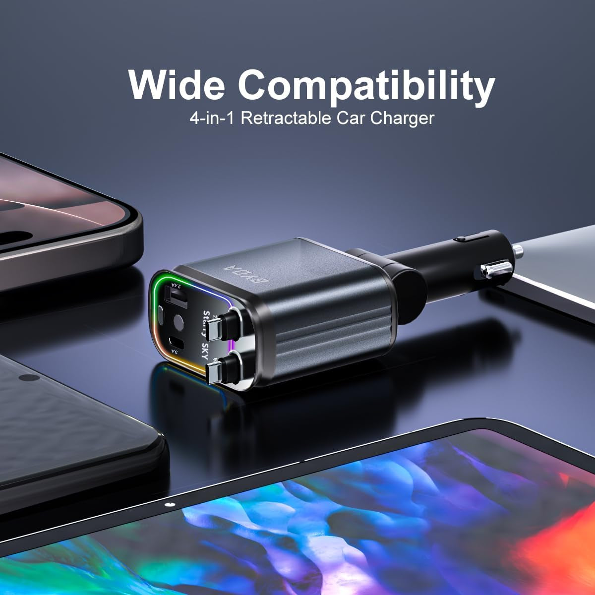 Ultimate 4-in-1 Retractable Car Charger with Starry Light - 69W Fast Charging for iPhone 17/16/15/14/13/12 and Android Devices