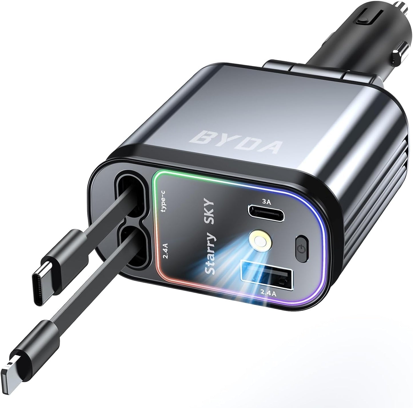Ultimate 4-in-1 Retractable Car Charger with Starry Light - 69W Fast Charging for iPhone 17/16/15/14/13/12 and Android Devices