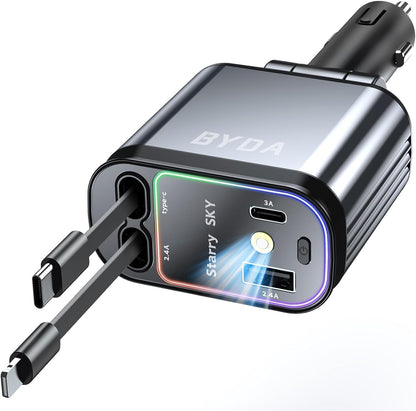 Ultimate 4-in-1 Retractable Car Charger with Starry Light - 69W Fast Charging for iPhone 17/16/15/14/13/12 and Android Devices